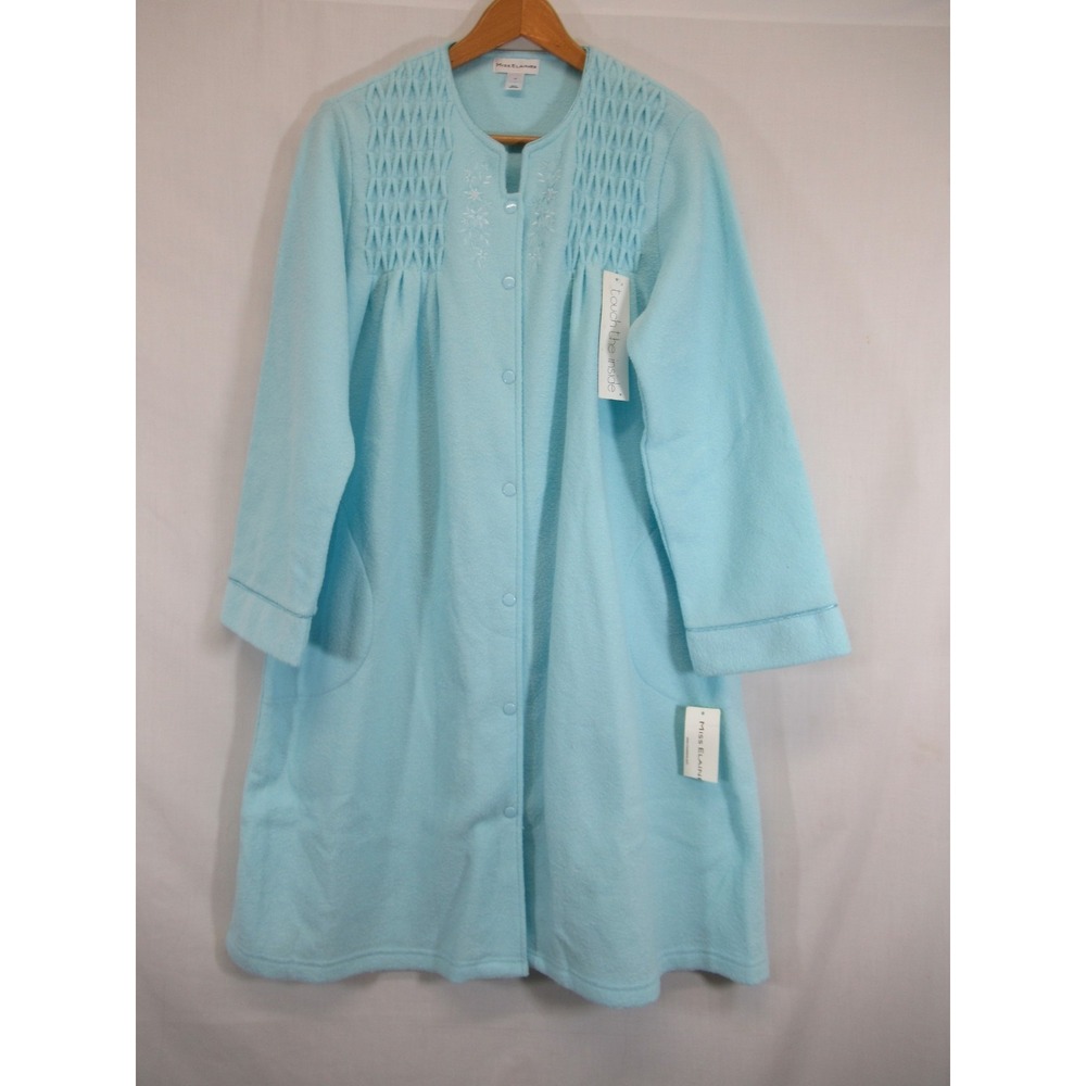 NEW Miss Elaine Embroidered Snap Up Robe Women Medium Blue Pockets Smocked Midi